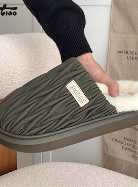 细细条时尚男士家居鞋ins2025冬季新款高级感褶皱PU皮防水棉拖鞋
