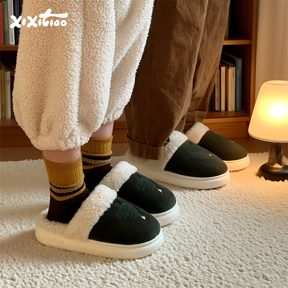 细细条 男女冬季ins复古撞色圣诞树棉拖鞋情侣防滑居家室内毛毛鞋,居家布艺,居家棉拖/棉鞋,淘宝优惠券,粉丝福利购,淘宝优惠卷