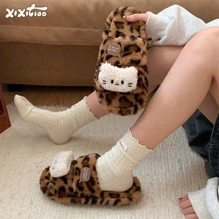 细细条 休闲可爱小猫咪ins风棉拖秋冬季 新款 复古豹纹女平底毛绒鞋