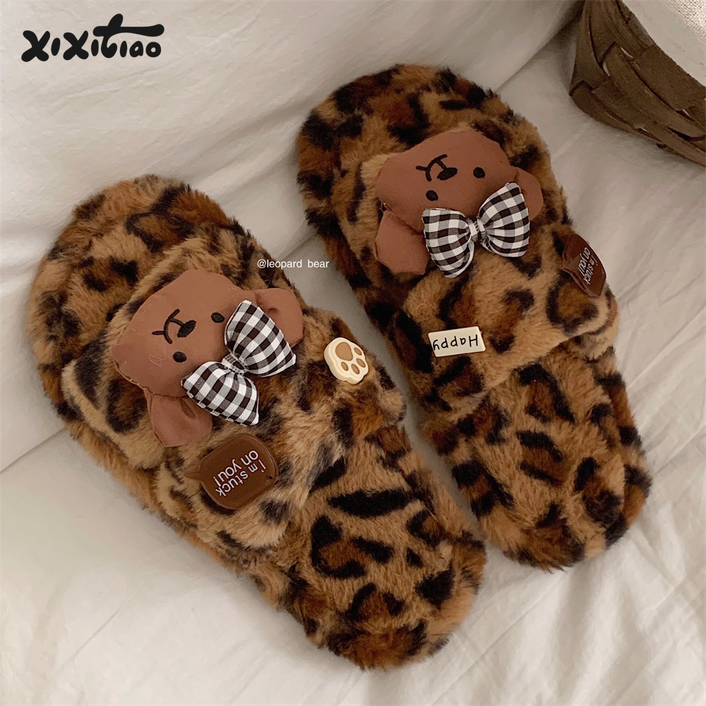 格子蝴蝶结小熊豹纹百搭毛毛拖鞋