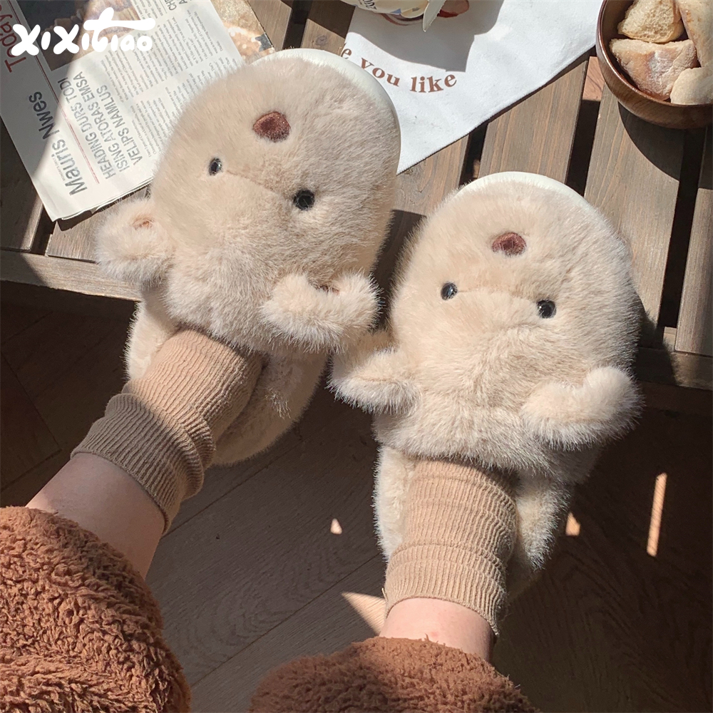 可爱毛绒小熊保暖包跟情侣棉拖鞋