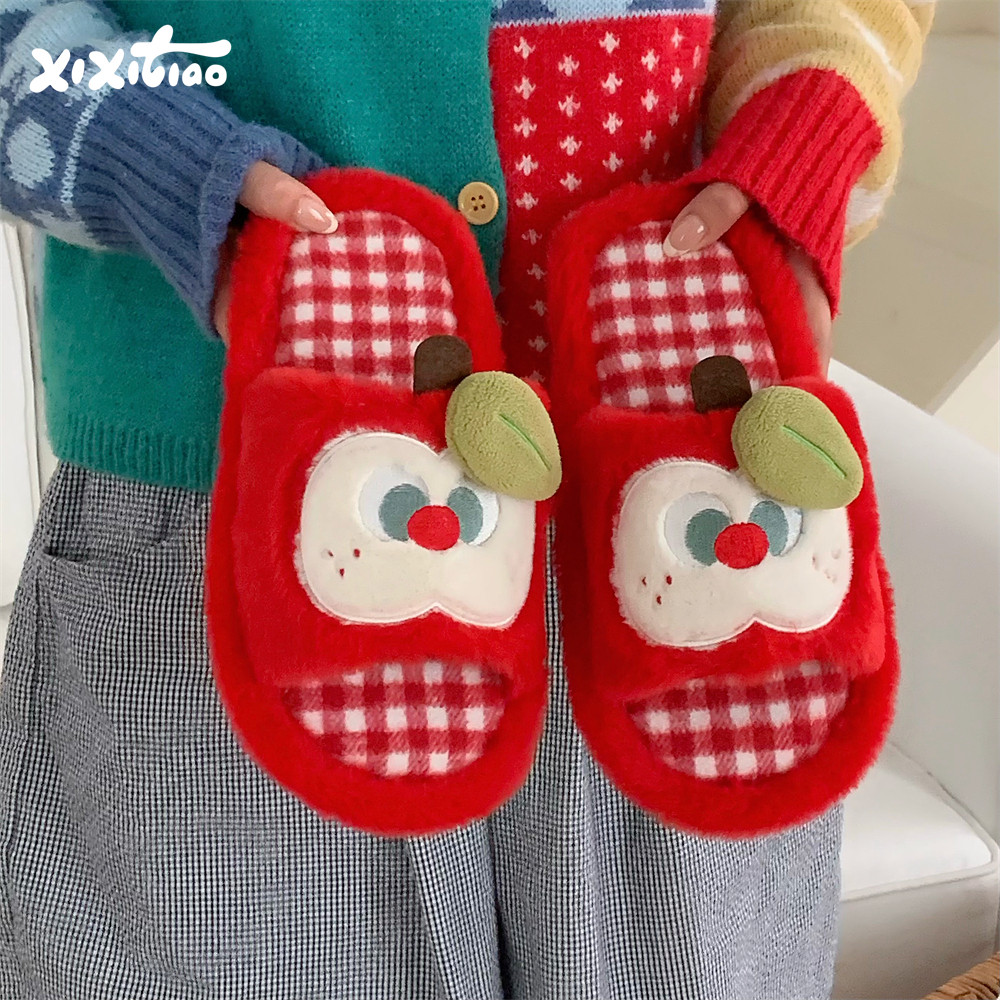 居家防滑红苹果一字毛毛拖鞋可爱