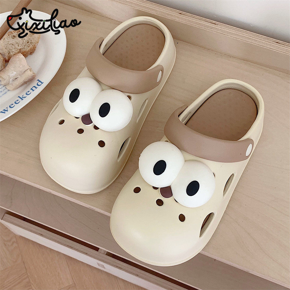 细细条户外凉拖鞋女夏季个性可爱大眼睛防滑软底潮酷拼色洞洞鞋