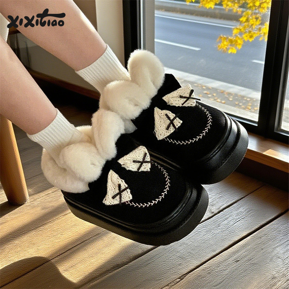 细细条雪地靴可爱兔耳朵短靴棉鞋