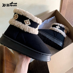 细细条厚底外穿加绒保暖中筒靴冬季高级感复古拼色时尚雪地靴女