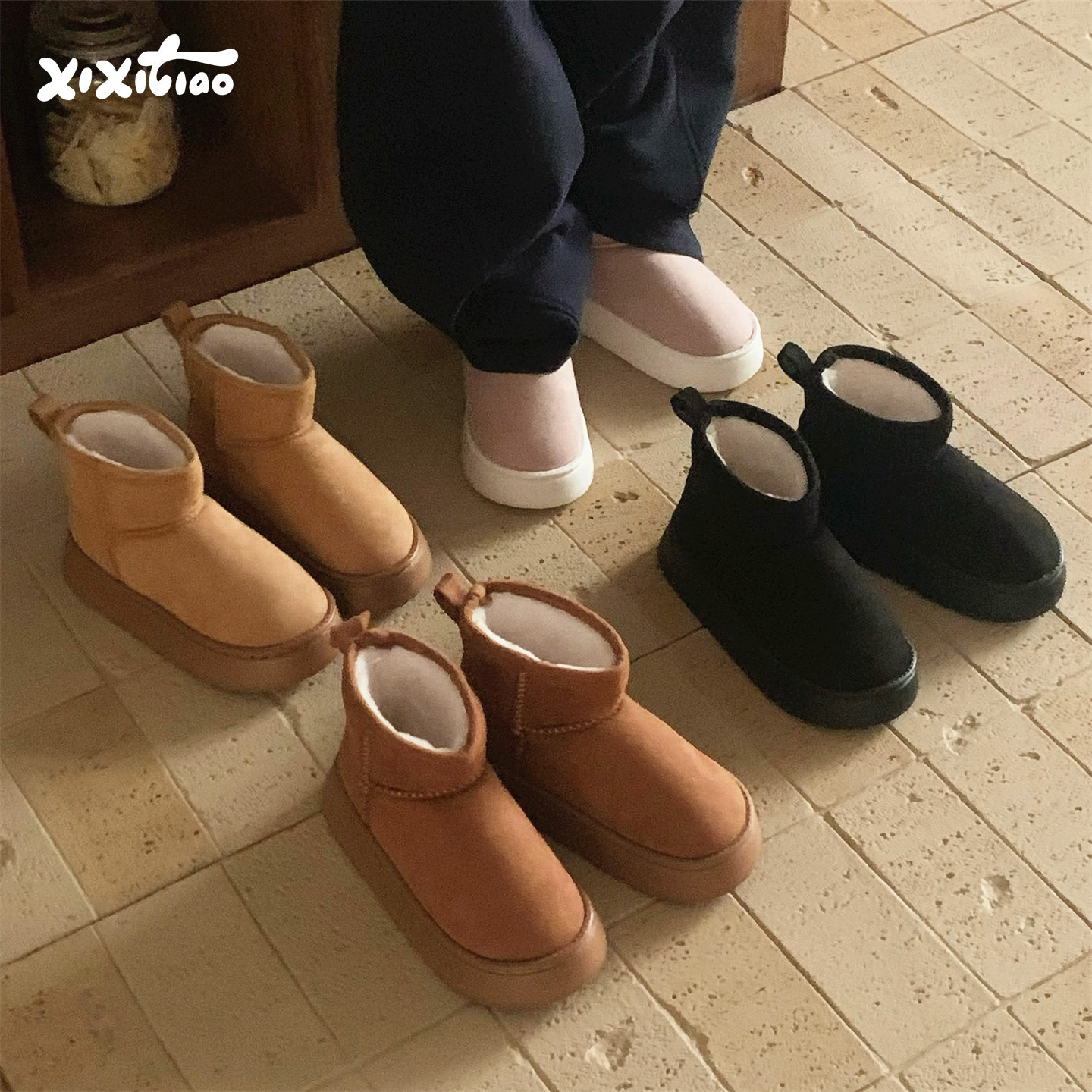 细细条时尚百搭保暖厚底东北棉靴