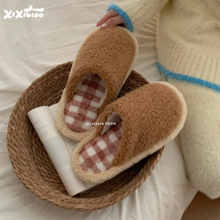 日系撞色格纹情侣棉拖鞋 小众毛毛鞋 男女 包头保暖防滑冬季 细细条