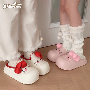 细细条 甜美蝴蝶结小猫包头棉拖鞋女士保暖少女心防水冬季月子鞋