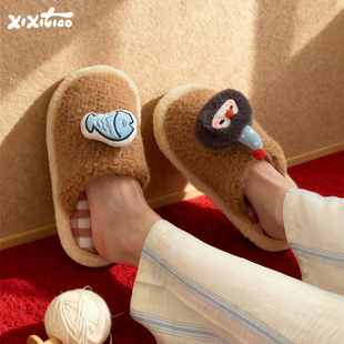 细细条 冬季家居男女士棉拖鞋舒适防滑保暖情侣ins企鹅小鱼毛毛鞋