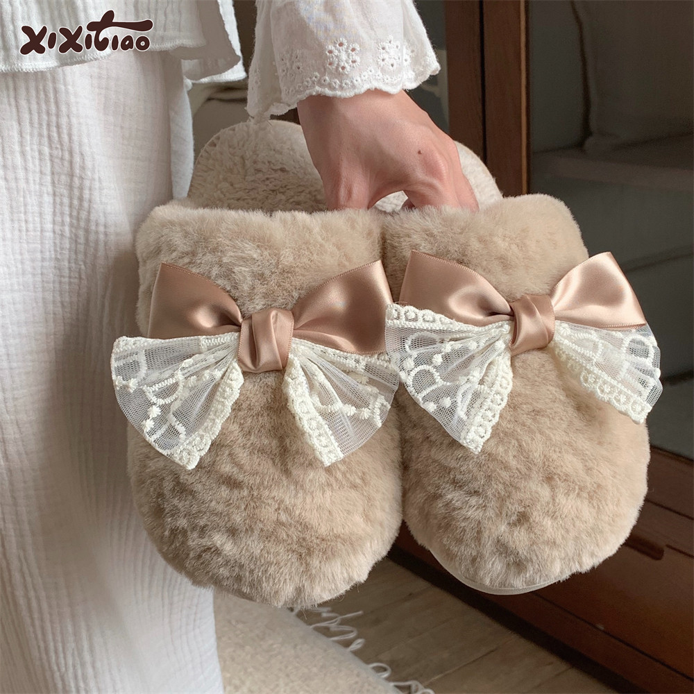 细细条室内休闲防滑保暖甜美毛毛拖鞋女蕾丝蝴蝶结秋冬季棉拖鞋,居家布艺,居家棉拖/棉鞋,淘宝优惠券,粉丝福利购,淘宝优惠卷