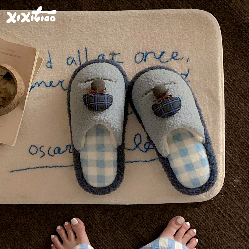 细细条棉拖鞋撞色小蘑菇毛毛鞋