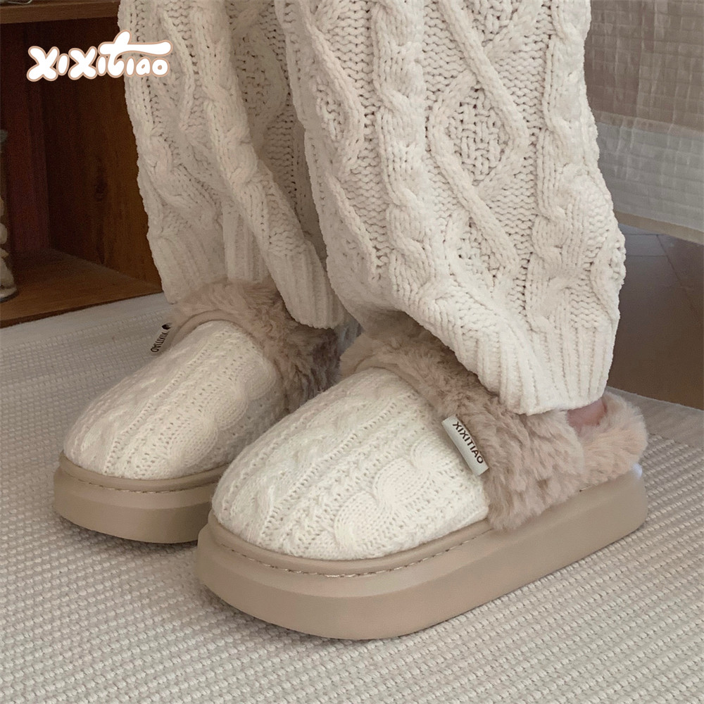 细细条复古针织毛线麻花棉拖鞋女家用防滑保暖时尚冬季月子鞋女