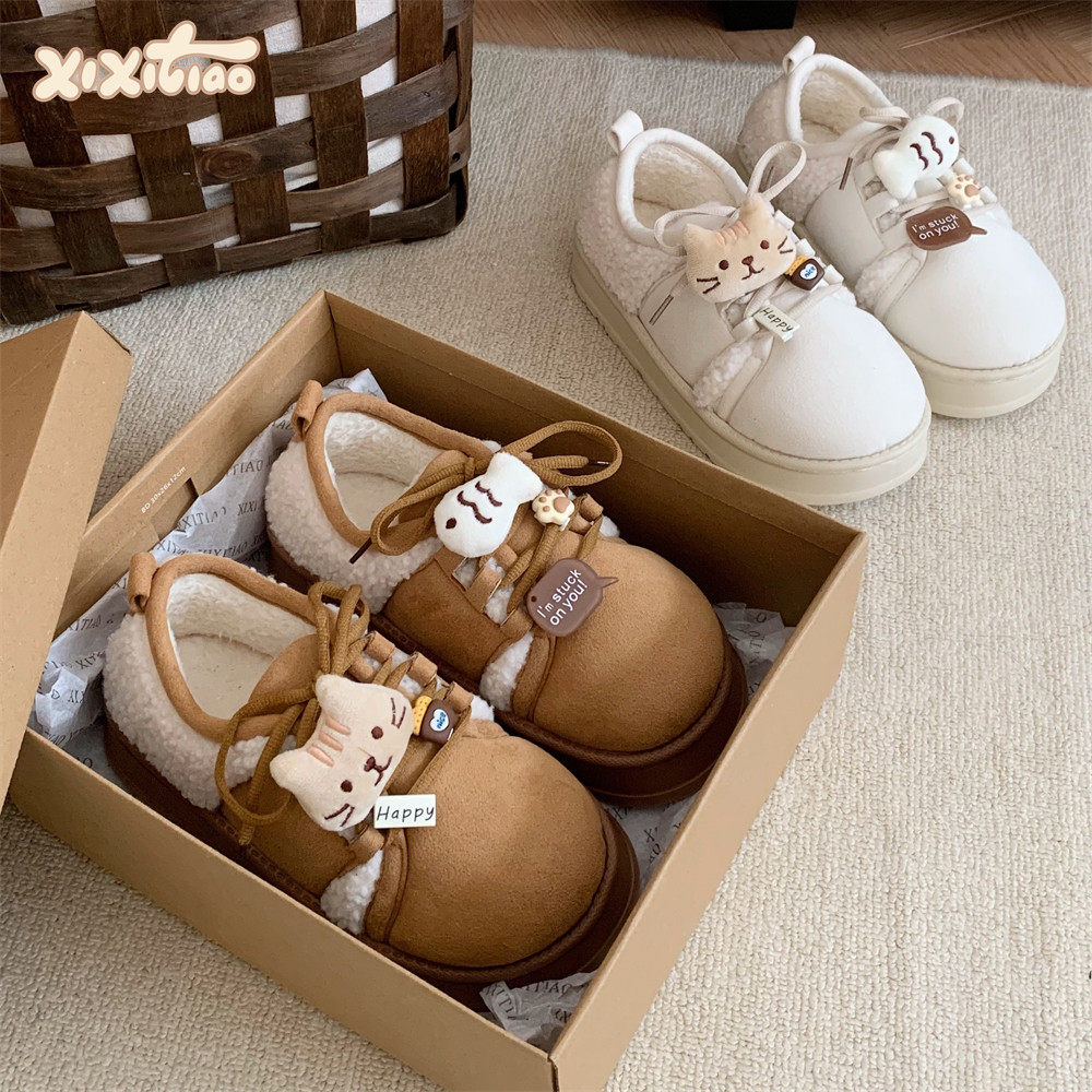 细细条女复古撞色羊羔毛时尚板鞋防滑厚底冬趣味小猫小鱼面包鞋