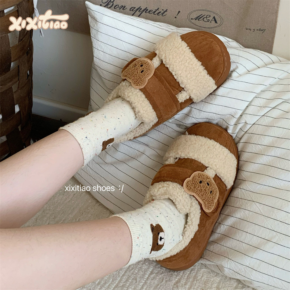 韩系魔术贴网红小熊头拼色棉鞋