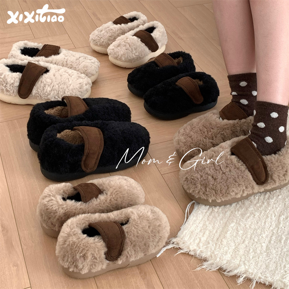 细细条冬天亲子室外休闲防滑保暖豆豆鞋复古拼色舒适毛绒棉鞋女,居家布艺,居家棉拖/棉鞋,淘宝优惠券,粉丝福利购,淘宝优惠卷
