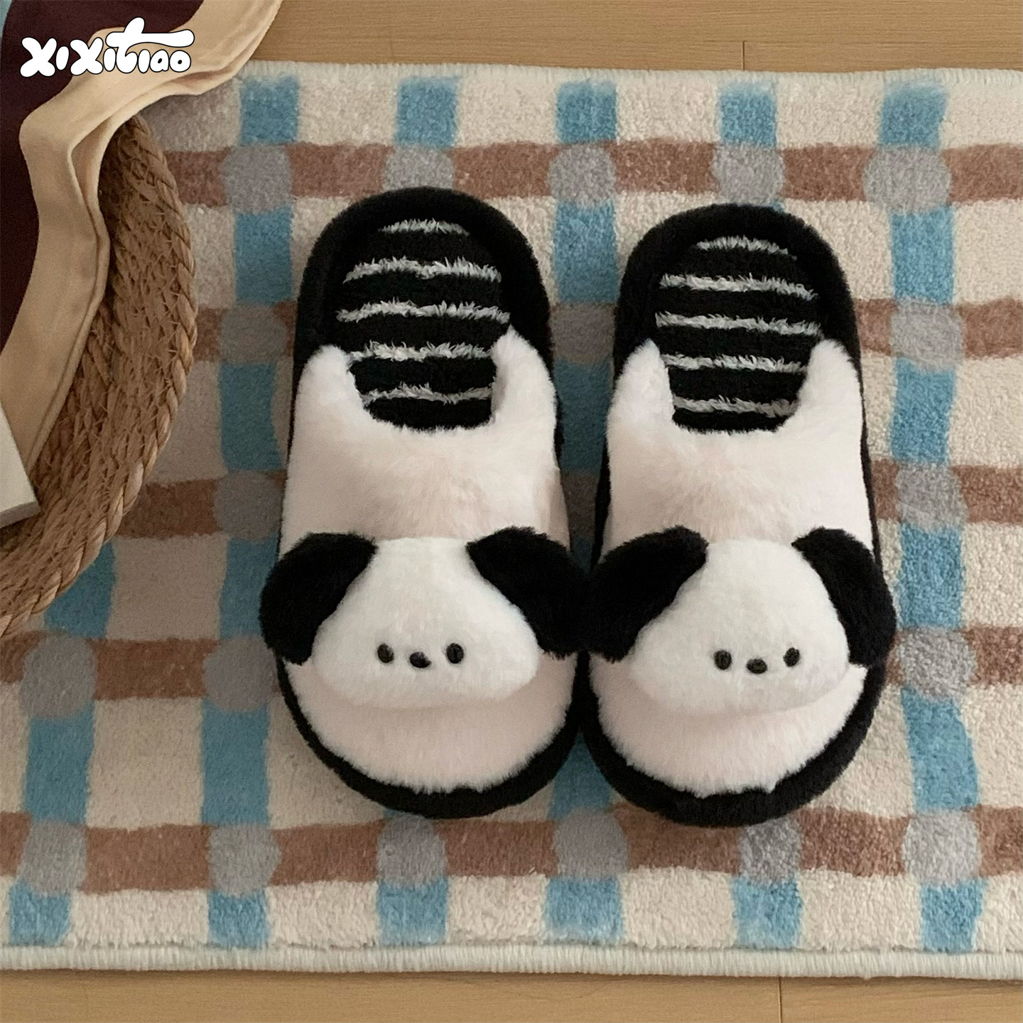 细细条 保暖舒适居家情侣撞色条纹毛毛鞋可爱狗狗ins男女棉拖鞋冬,居家布艺,居家棉拖/棉鞋,淘宝优惠券,粉丝福利购,淘宝优惠卷