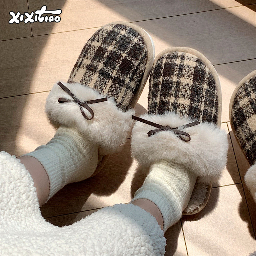 细细条韩系格子蝴蝶结棉拖鞋男女居家休闲防滑平底情侣毛毛鞋冬