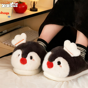 细细条 冬情侣时尚防滑学生家用棉拖鞋可爱红鼻子企鹅居家鞋男女