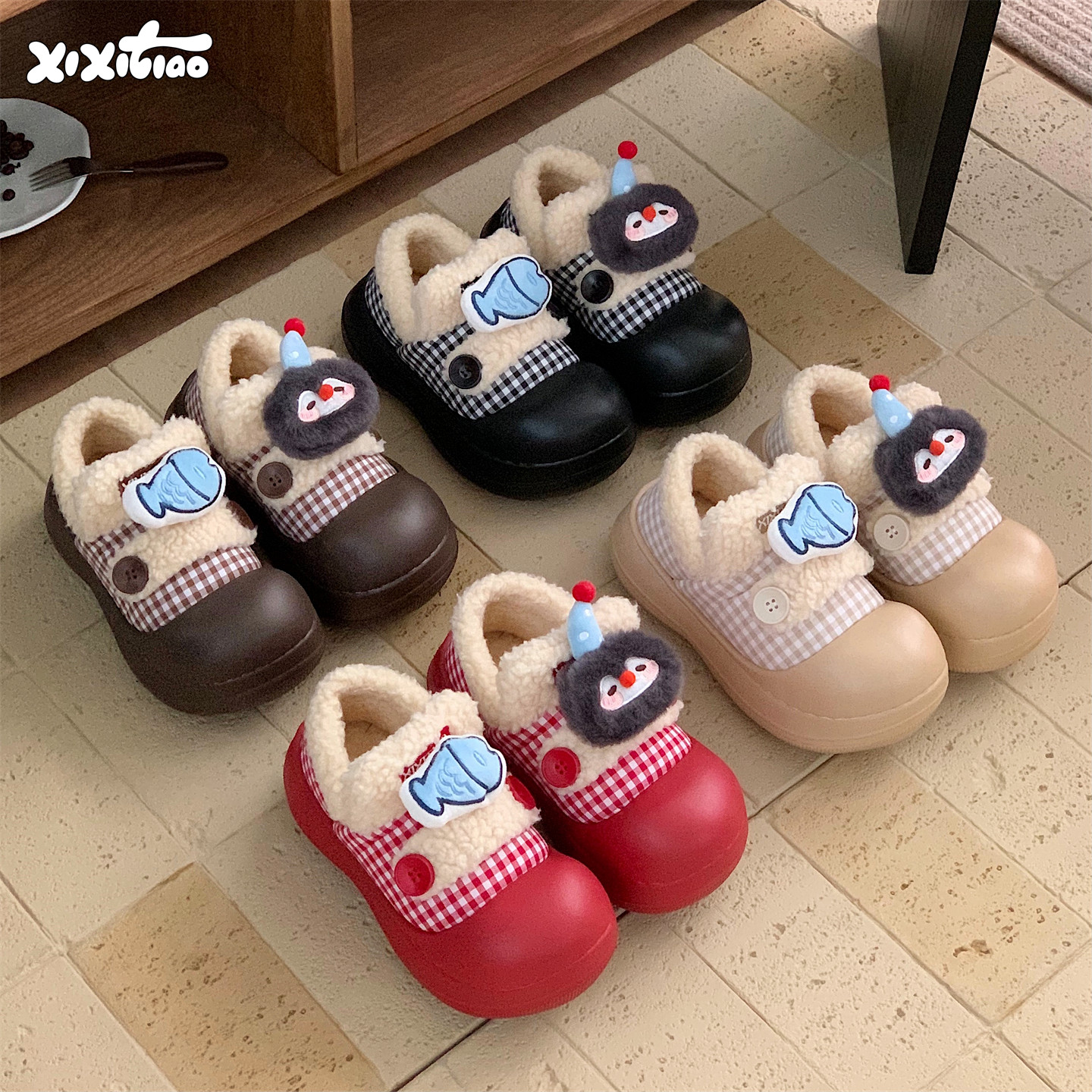 细细条厚底企鹅小鱼加绒面包鞋