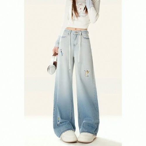 美式高街渐变蓝刺绣牛仔裤女春秋2025新款设计感宽松拖地阔腿裤子