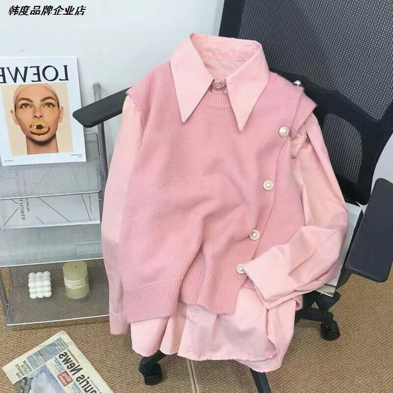糖果色针织马甲衬衫两件套2026春季新款POLO领洋气无袖背心套装潮