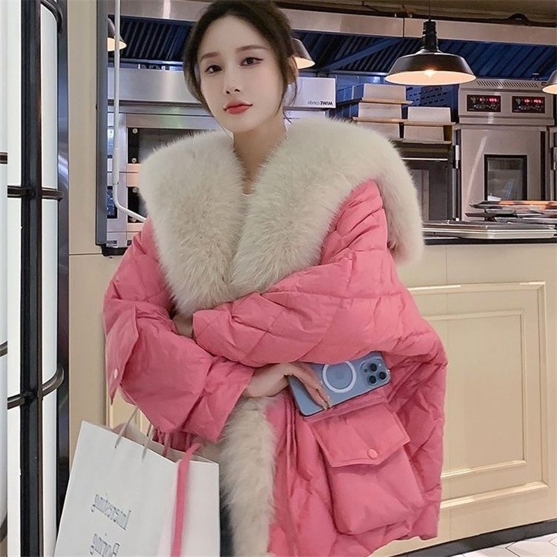 2025冬爆款仿狐狸毛海军领宽松羽绒棉服女欧货中长款高端洋气外套