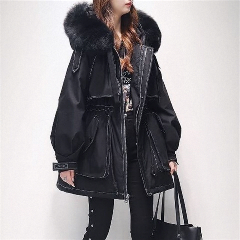 派克服加毛加厚女款中长款2025年冬装新款工装收腰大毛领廓形外套