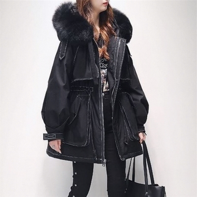 派克服加毛加厚女款中长款2025年冬装新款工装收腰大毛领廓形外套