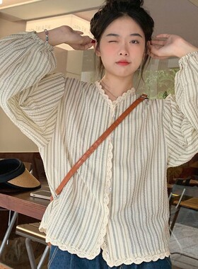 新款ins甜美花边拼接V领条纹衬衣薄款长袖灯笼袖衬衫女学生潮春秋