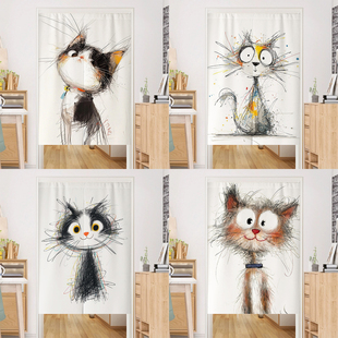 可爱小猫潦草猫咪门帘隔断帘卧室免打孔装饰遮挡帘卫生间半帘布帘