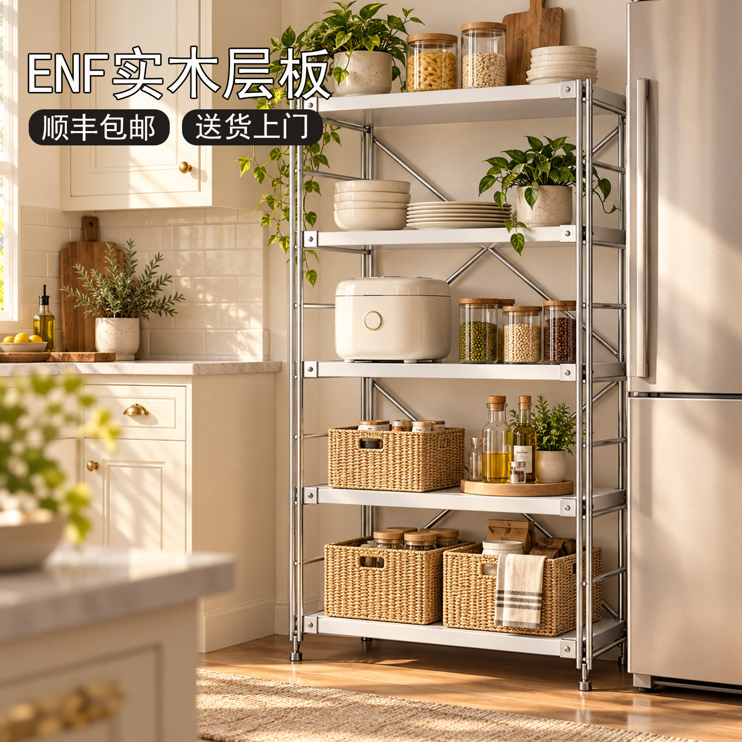 日式厨房置物架落地多层电器微波炉收纳架多功能储物架餐边柜货架