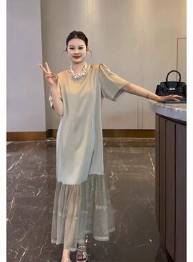 2026新款纯色缎面拼接鱼尾网纱裙子气质感极简短袖连衣裙