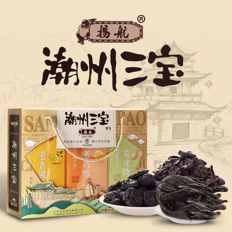 扬航潮州三宝广东特产潮汕陈年药桔老香橼佛手黄皮果蜜饯果干礼盒