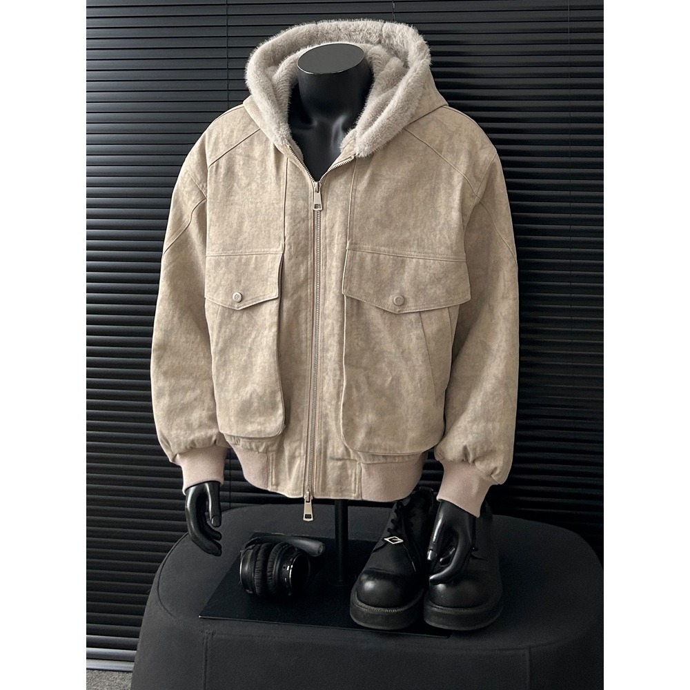 冬季加绒连帽大理石纹理座山雕棉服男女宽松百搭复古外套棉衣