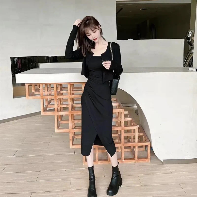 卡卡女装官方旗舰正品法式开叉性感吊带连衣裙短款长袖外套两件套