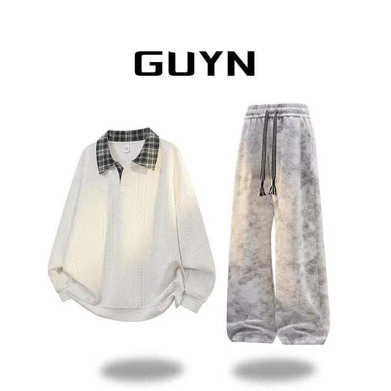 GUYN高级感拼色领休闲卫衣男春季提花宽松时尚百搭潮流卫衣套装