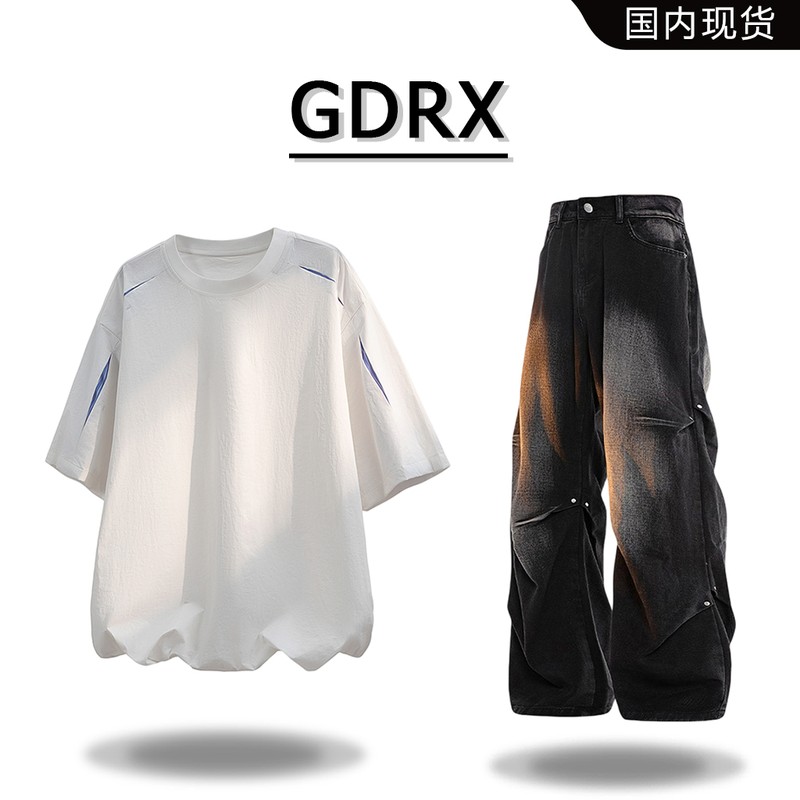 GDRX美式小众破洞短袖T恤套装2026夏季新款痞帅牛仔裤两件套男装