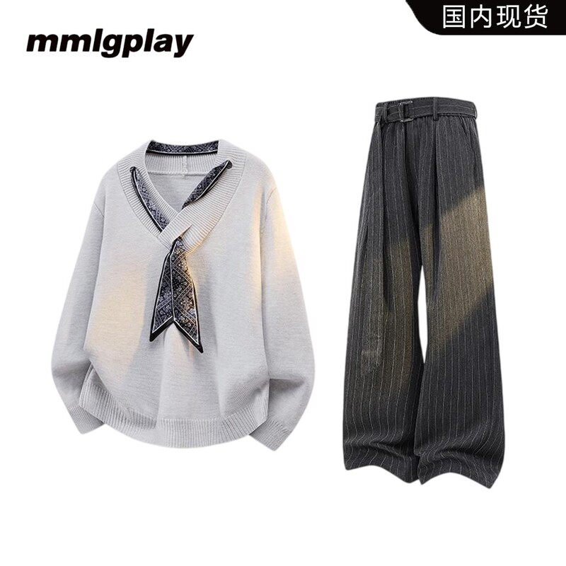 mmlgplay美式潮流慵懒风设计感毛衣男春秋季新款复古休闲痞帅套装
