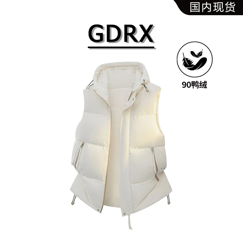 GDRX美式纯色男款羽绒服马甲2025冬季美式连帽无袖纯色休闲外套