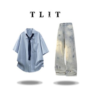 TLIT美式潮流复古条纹短袖衬衫男士夏季休闲时尚宽松设计感两件套