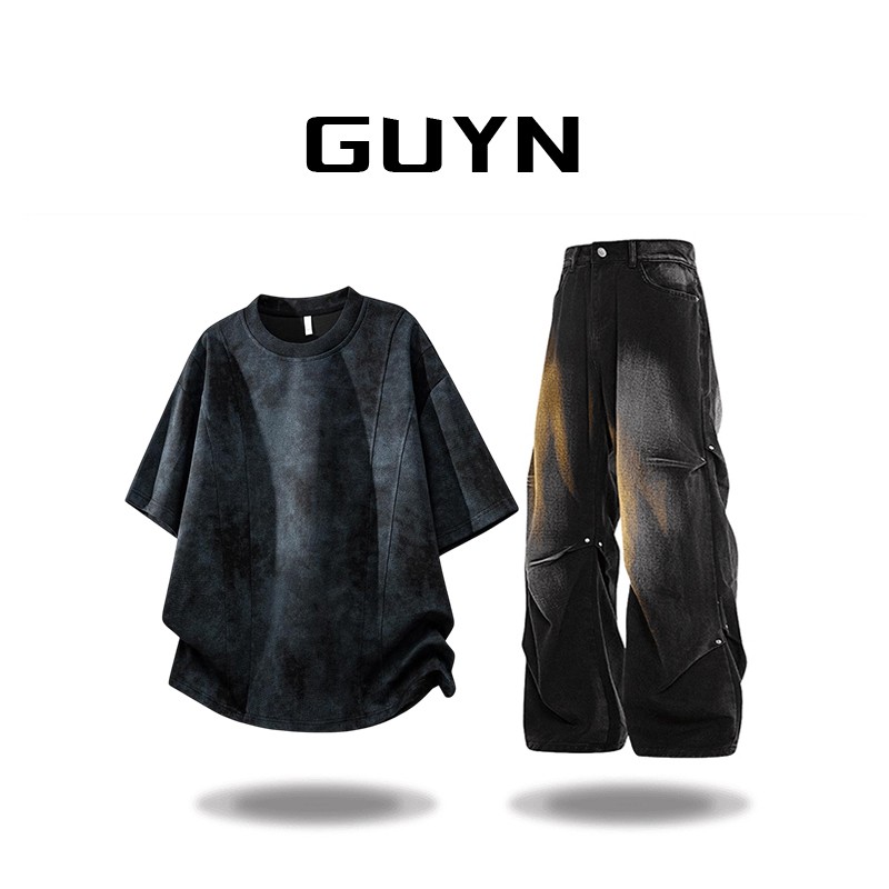 GUYN潮牌美式复古迷彩扎染短袖T恤男女情侣款夏季宽松休闲上衣