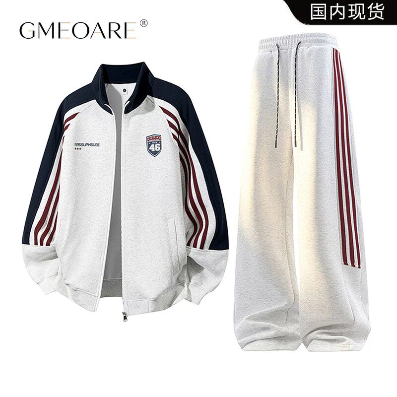 GMEOARE美式高街休闲套装男女款重磅条纹潮牌宽松卫衣卫裤两件套