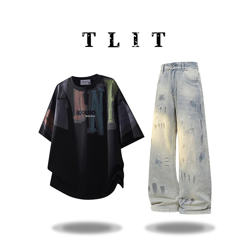 TLIT夏季男装冰丝短袖T恤套装男士高级感薄款痞帅牛仔裤子两件套
