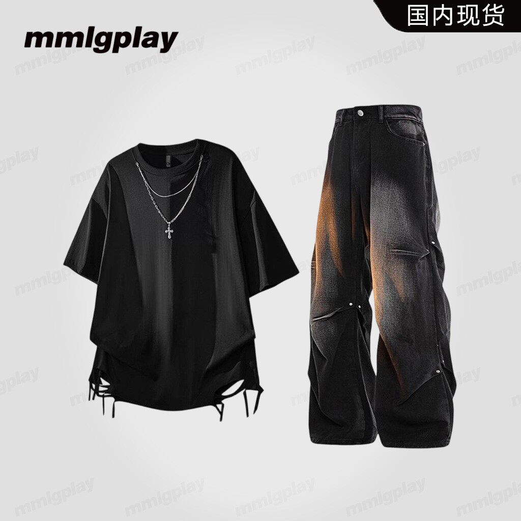 mmlgplay美式高街短袖T恤男夏季潮流破洞设计感打底衫高级感套装