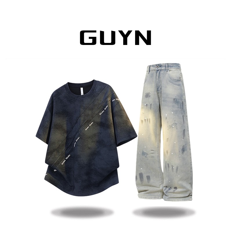 GUYN扎染大码拼接短袖套装男士夏季薄款休闲两件套设计感潮牌男装