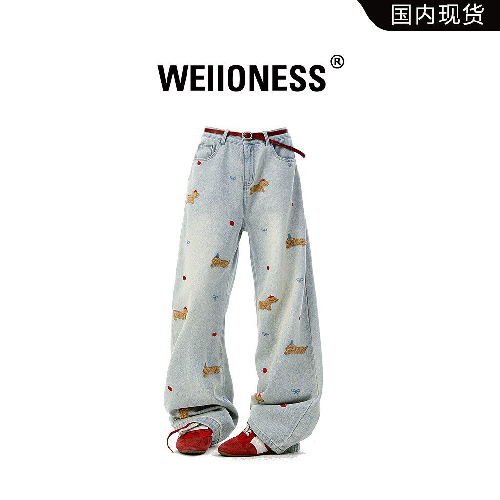 WEIIONESS美式牛仔裤男秋季潮牌腊肠狗植绒阔腿长裤轻奢痞帅男装