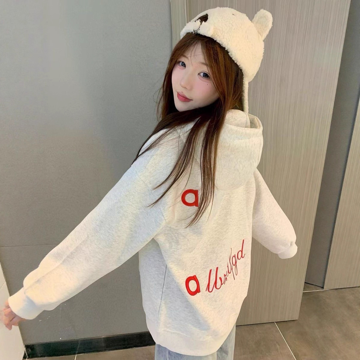 美式复古重磅纯棉灰色连帽卫衣女2025秋冬新款宽松懒惰风情侣上衣