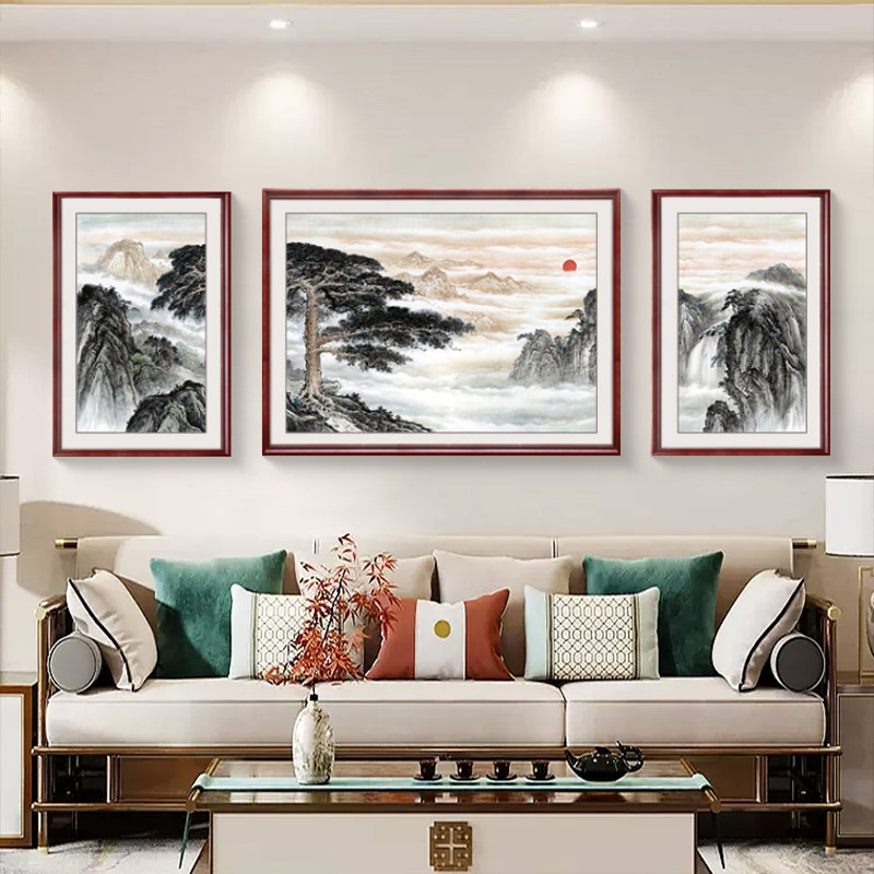 新中式沙发背景墙装饰画大气三联晶瓷壁画字画国画山水画客厅挂画