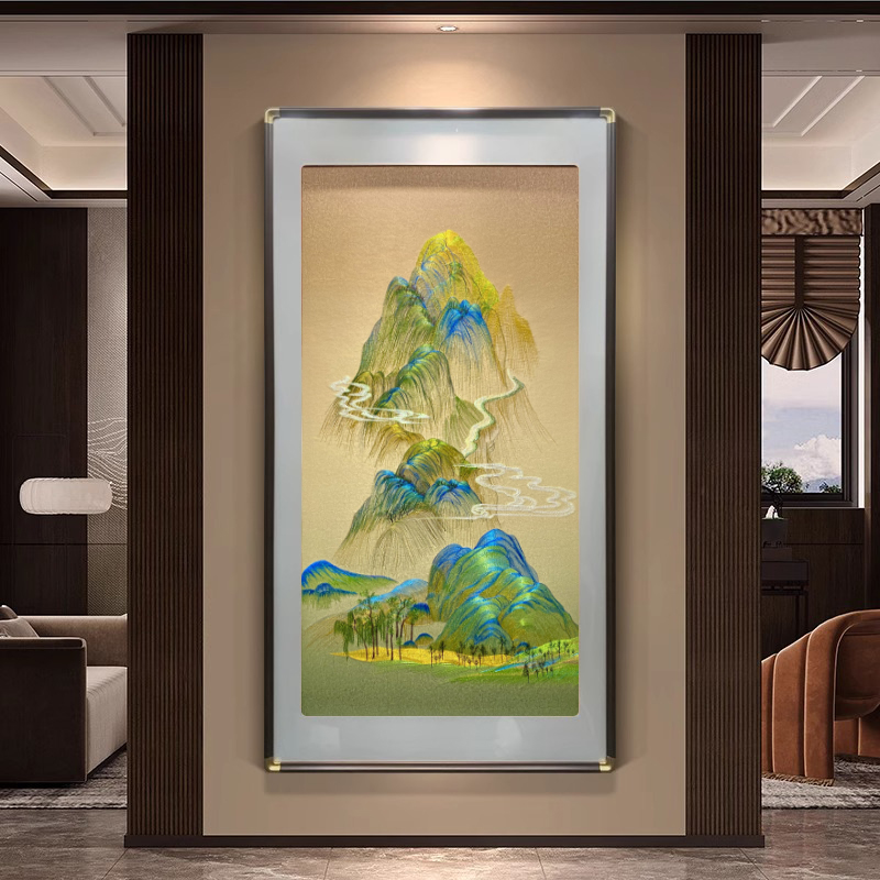 新中式玄关装饰画刺绣画办公室背景墙挂画千里江山图玄关走廊壁画