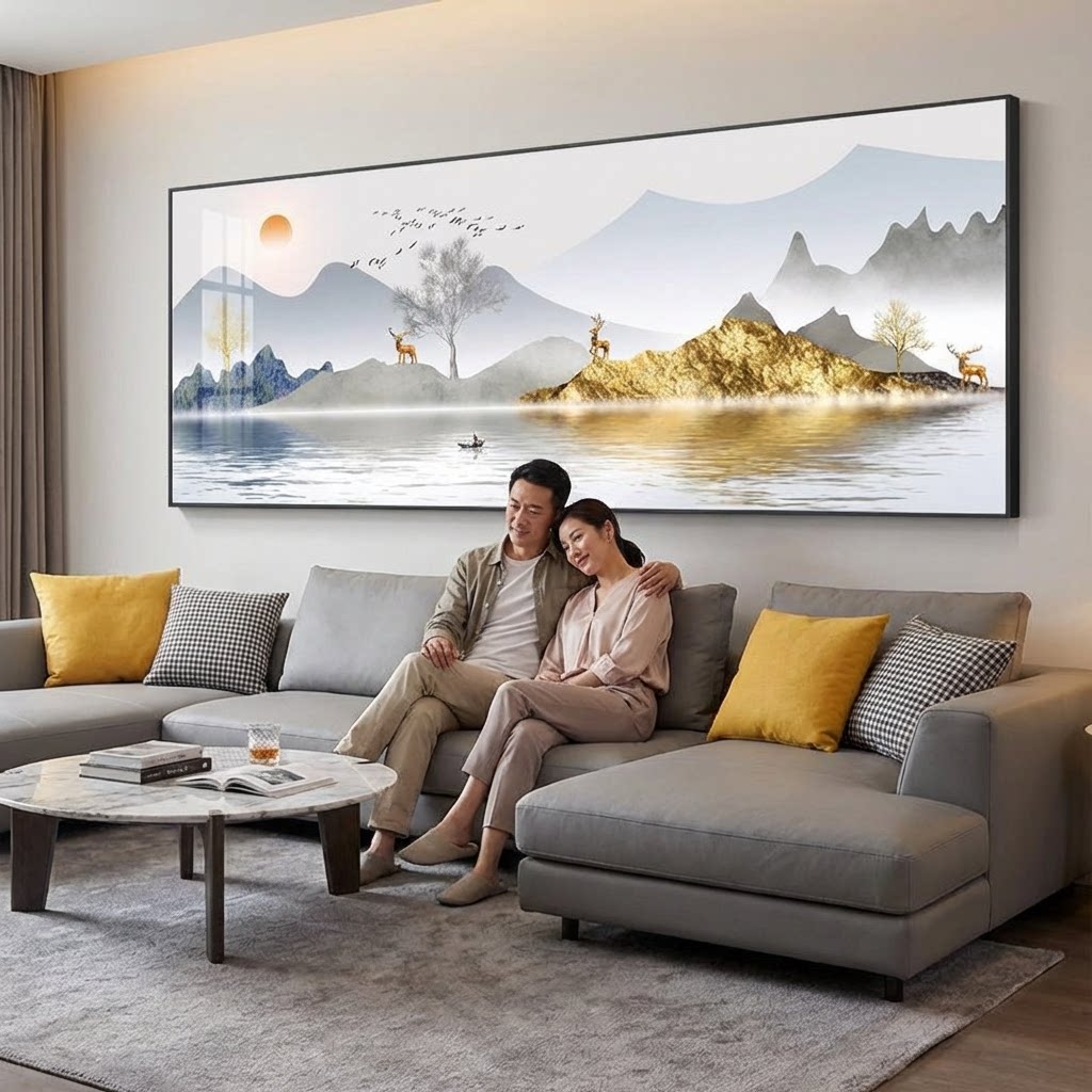 客厅装饰画沙发背景墙画壁画新中式挂画晶瓷墙壁山水画家和万事兴
